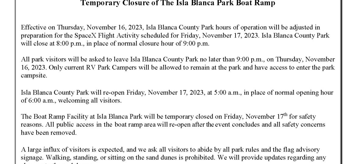Press Release_ SpaceX Flight Activities_Isla Park Temporary Adjustment of Hours & Boat Ramp Closure_11-14-23