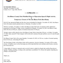 Press Release  SpaceX Flight Activities Isla Park Temporary Adjustment Of Hours Boat Ramp Closure Updated 11 16 23 256x256