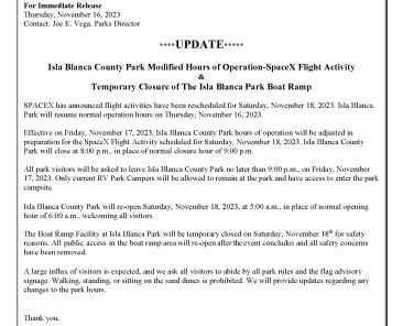 Press Release_ SpaceX Flight Activities_Isla Park Temporary Adjustment of Hours Boat Ramp Closure_Updated_11-16-23