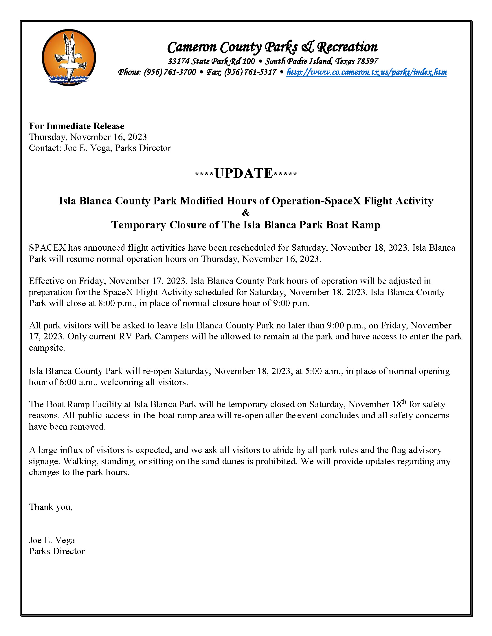 Press Release  SpaceX Flight Activities Isla Park Temporary Adjustment Of Hours Boat Ramp Closure Updated 11 16 23