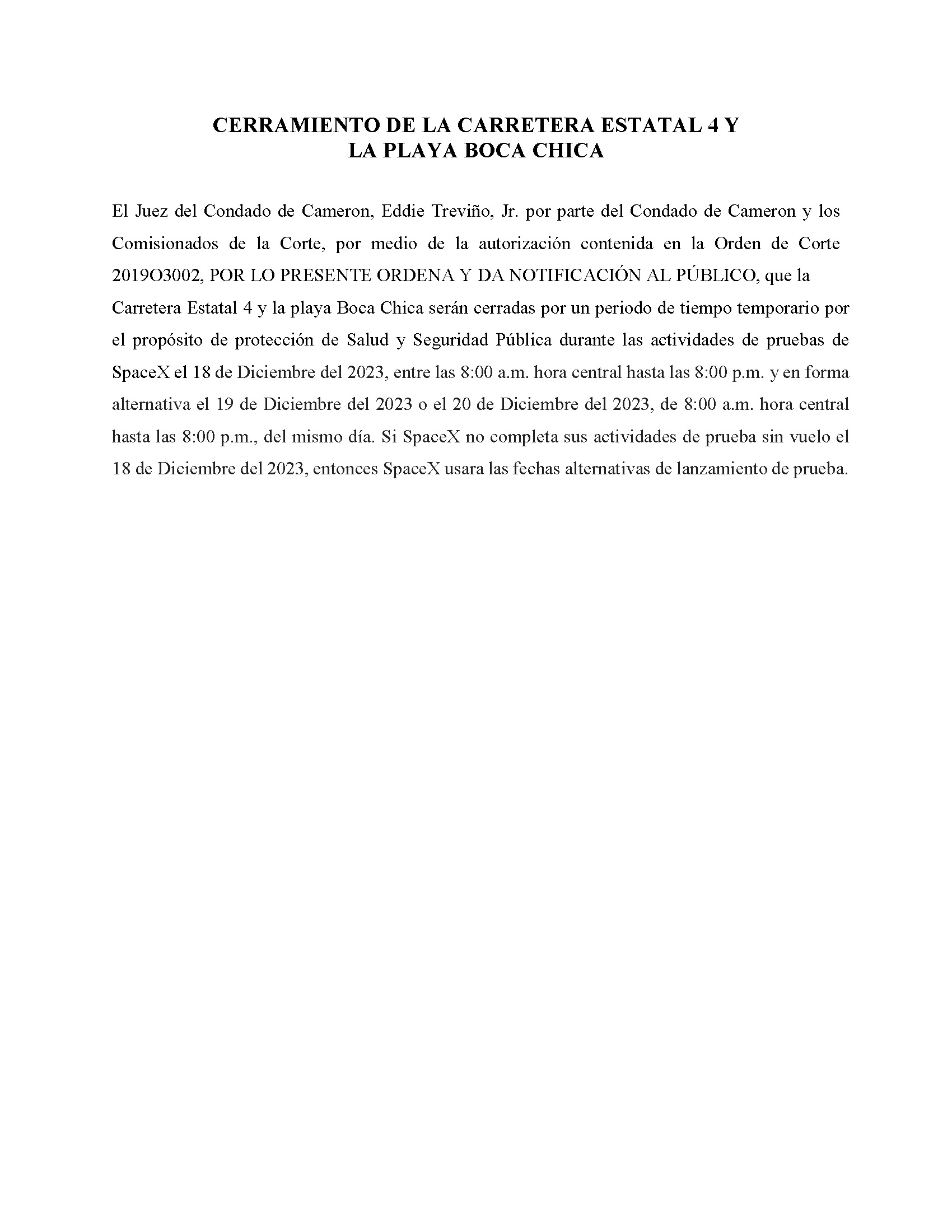 ORDER.CLOSURE OF HIGHWAY 4 Y LA PLAYA BOCA CHICA.SPANISH.12.18.23