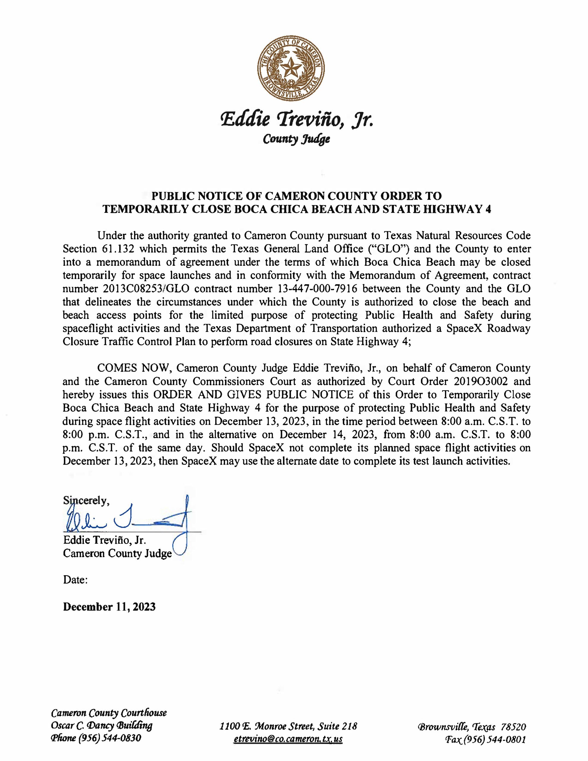 PUBLIC NOTICE OF CAMERON COUNTY ORDER TO TEMP. BEACH CLOSURE AND HWY.12.13.2023.docx Scaled