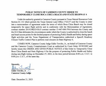 PUBLIC NOTICE OF CAMERON COUNTY ORDER TO TEMP. BEACH CLOSURE AND HWY.12.27.23