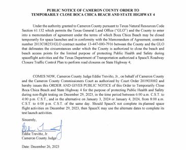 PUBLIC NOTICE OF CAMERON COUNTY ORDER TO TEMP. BEACH CLOSURE AND HWY.12.29.23