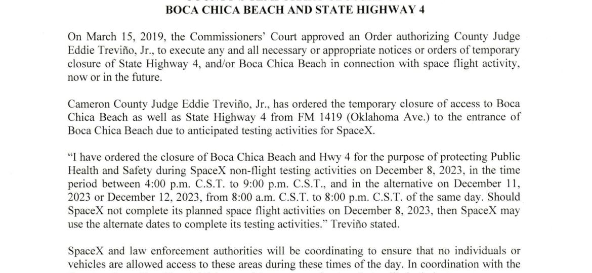 Press Release on Order of Closure Related to SpaceX Flight. 12.08.2023