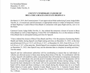 Press Release on Order of Closure Related to SpaceX Flight.12.21.23