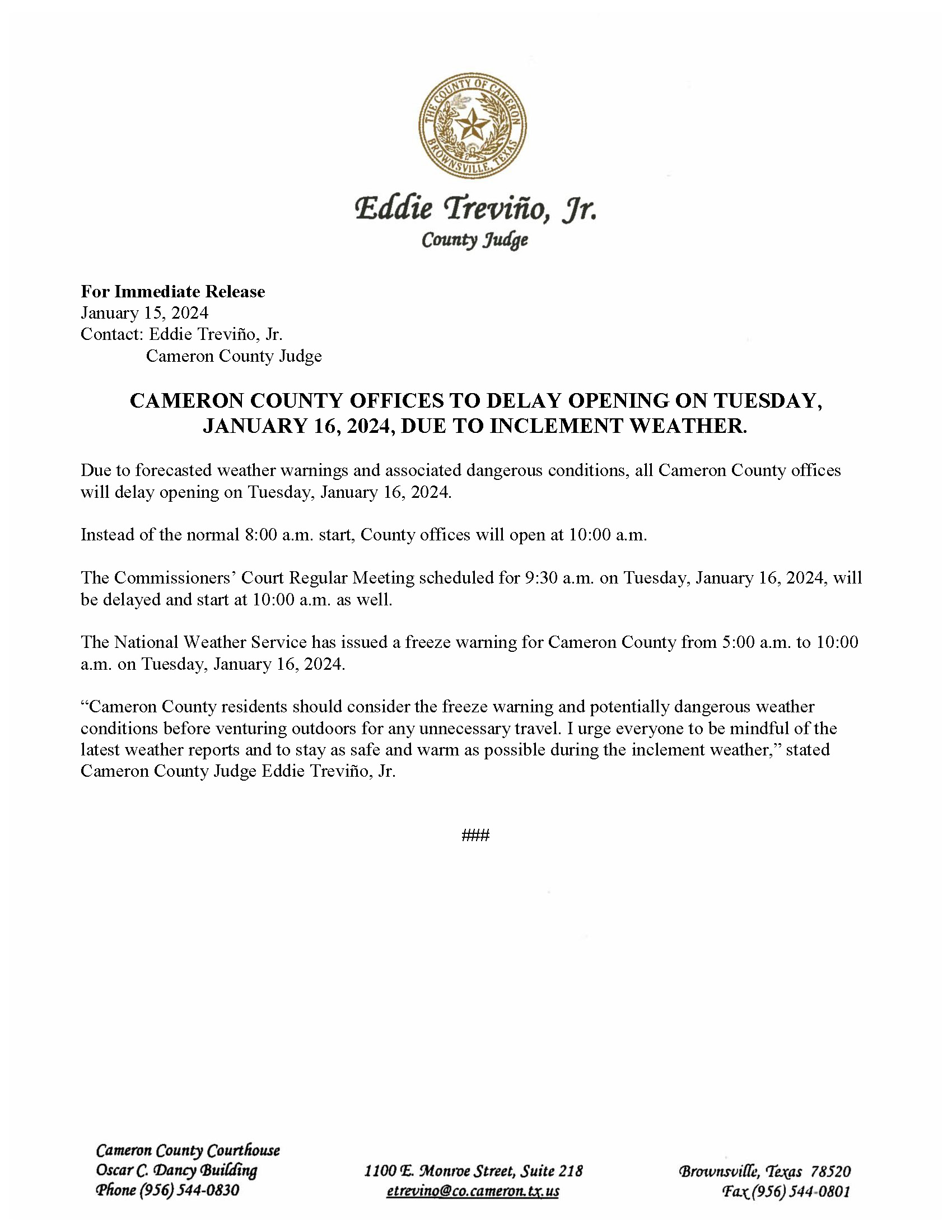 2024.01.15 Office Opening Delay Press Release