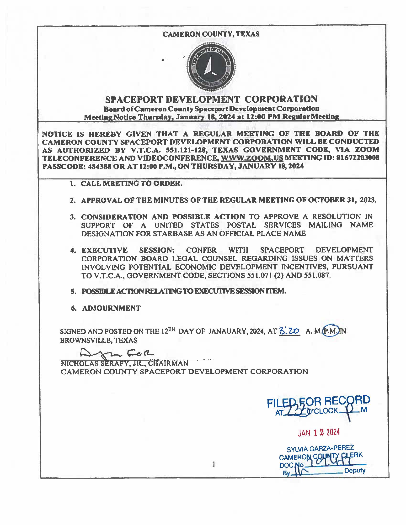 CAMERON COUNTY SPACEPORT DEVELOPMENT CORPORATION AGENDA JANUARY 18 2024