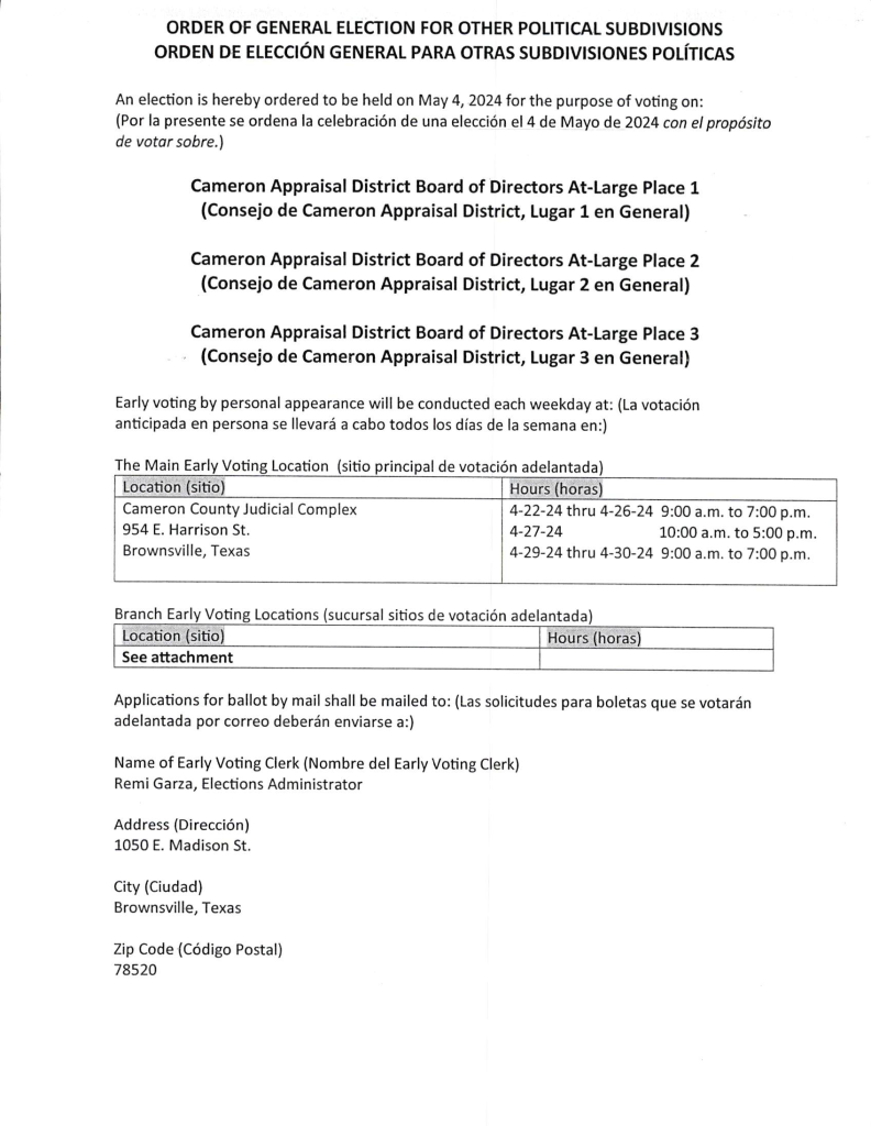 Cameron Appraisal District Order Of General Election Page 1