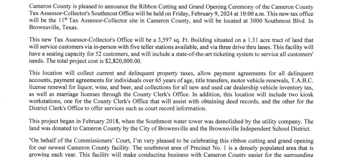 2024.02.07 - Press Release - Ribbon Cutting Opening Ceremony Cameron County Tax Assessor-Collector's Southmost Office (002)