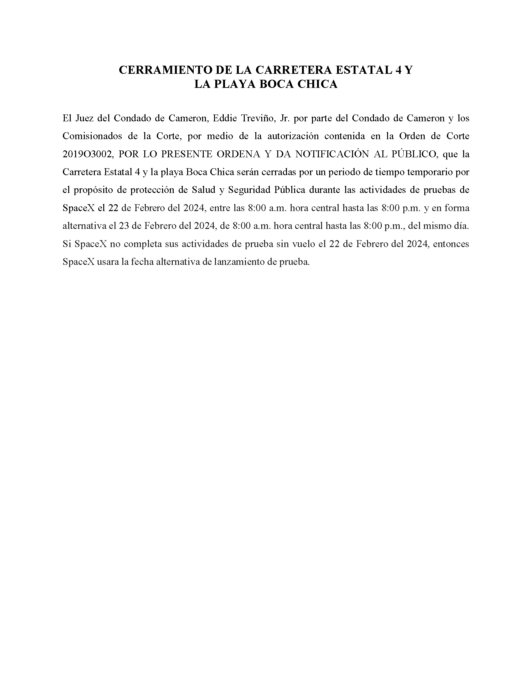 ORDER.CLOSURE OF HIGHWAY 4 Y LA PLAYA BOCA CHICA.SPANISH.02.22.2024