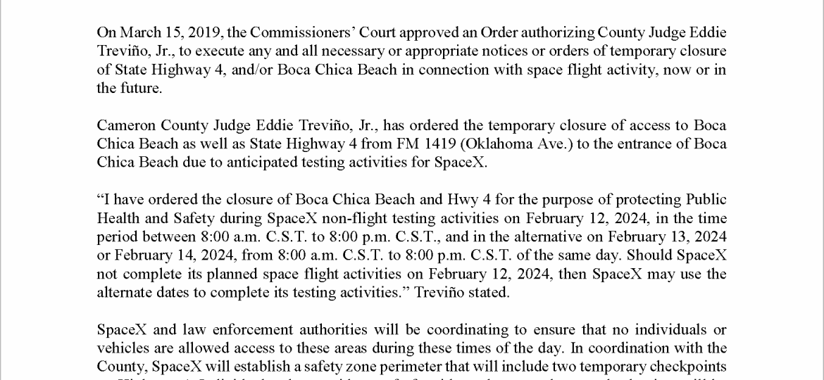 Press Release on Order of Closure Related to SpaceX Flight.02.12.24