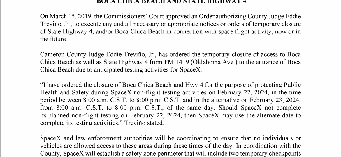 Press Release on Order of Closure Related to SpaceX Flight.02.22.2024