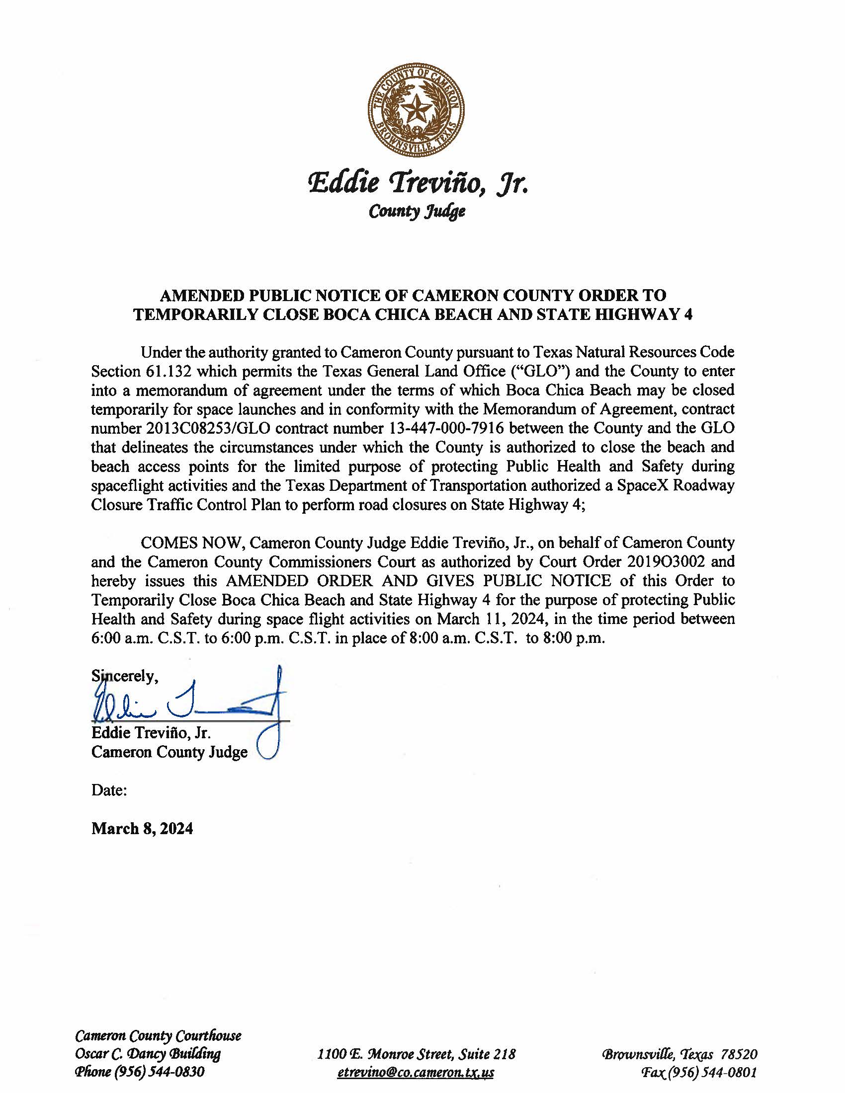 AMENDED PUBLIC NOTICE OF CAMERON COUNTY ORDER TO TEMP. BEACH CLOSURE AND HWY.03.11.2024