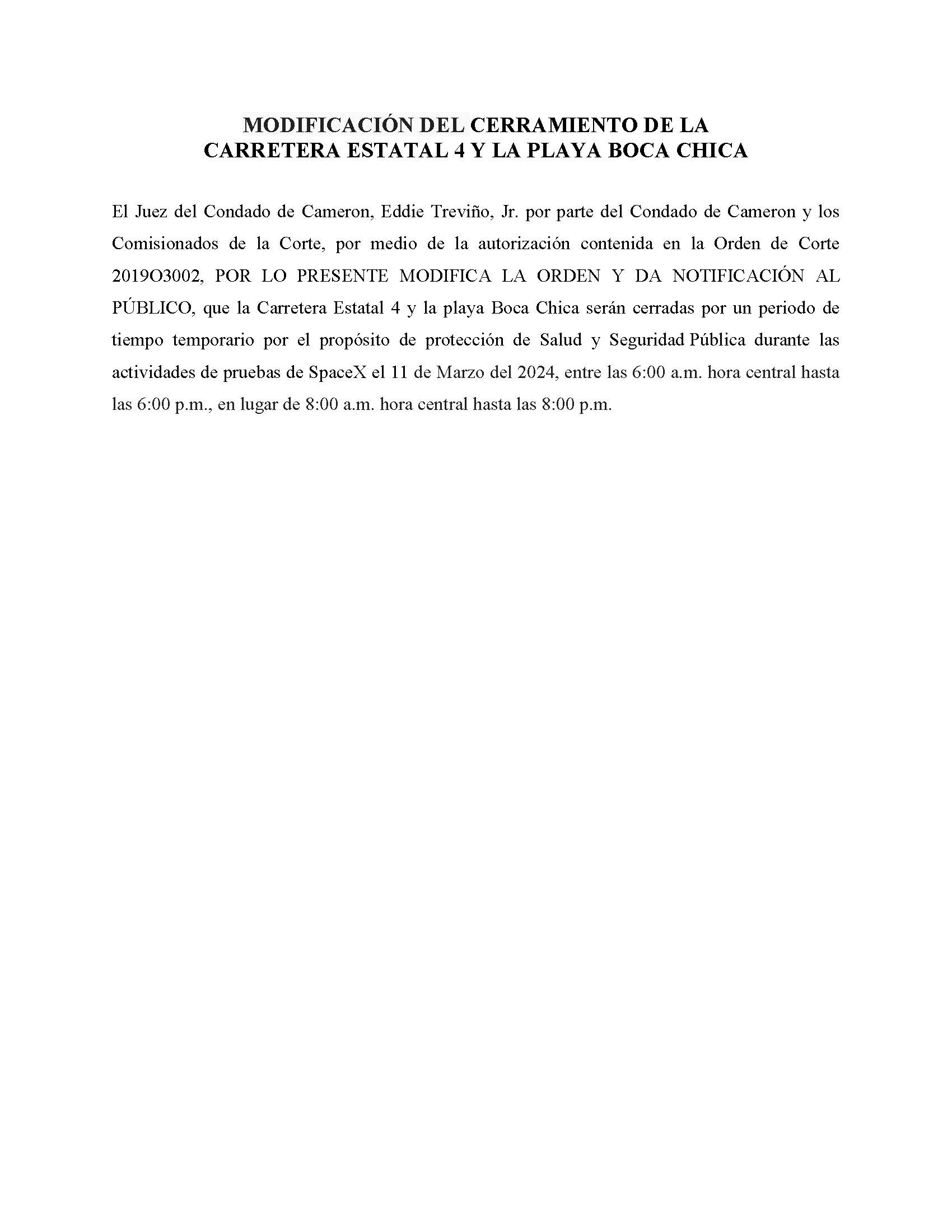 MODIFICADA.ORDER .CLOSURE OF HIGHWAY 4 Y LA PLAYA BOCA CHICA.SPANISH.03.11.2024