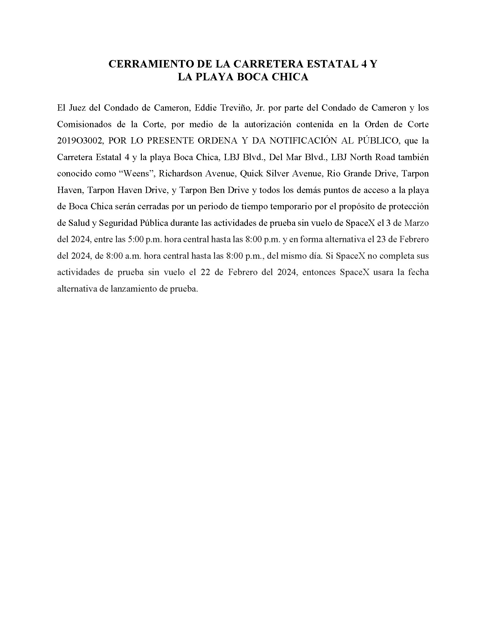 ORDER.CLOSURE OF HIGHWAY 4 Y LA PLAYA BOCA CHICA.SPANISH.03.03.2024