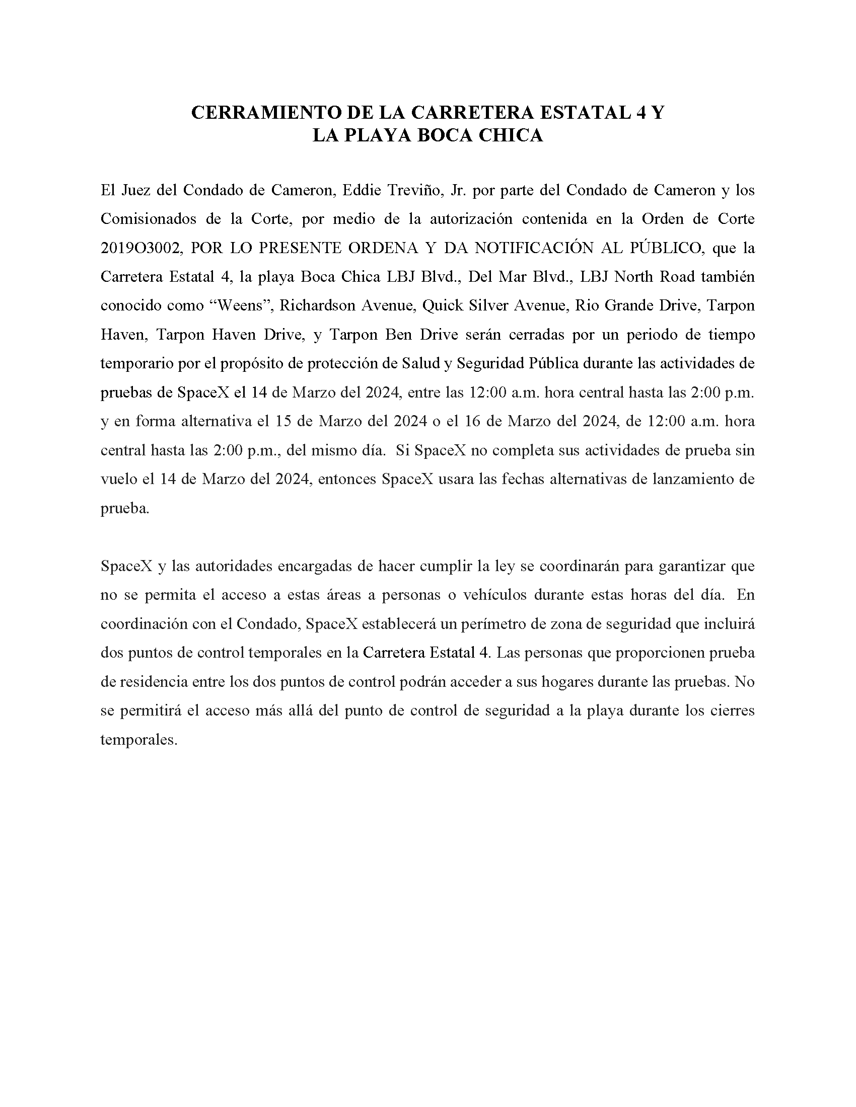 ORDER.CLOSURE OF HIGHWAY 4 Y LA PLAYA BOCA CHICA.SPANISH.03.14.2024