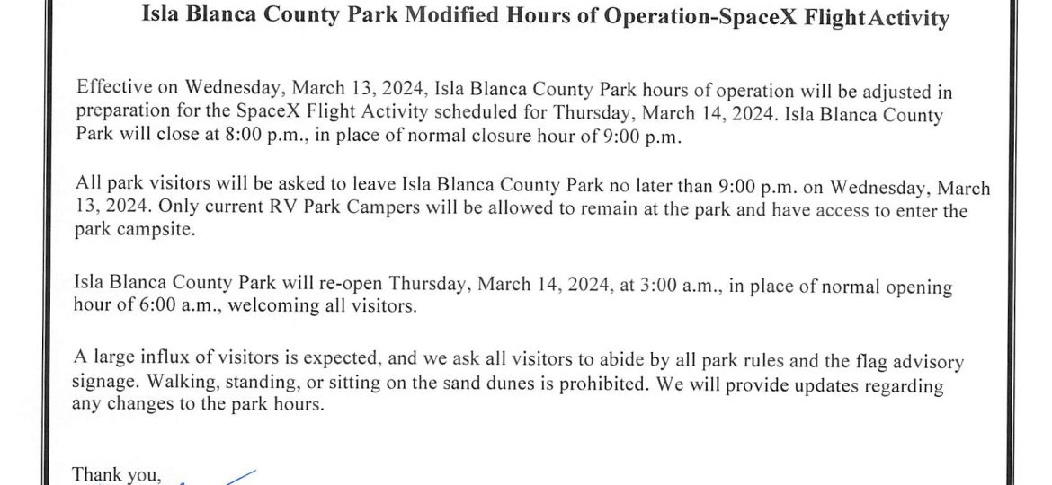 PR_Isla Blanca Park Modified Hours of Operations__ Wednesday March 13 2024_Thursday March 14 2024_Space X Flight Activity_3-8-24
