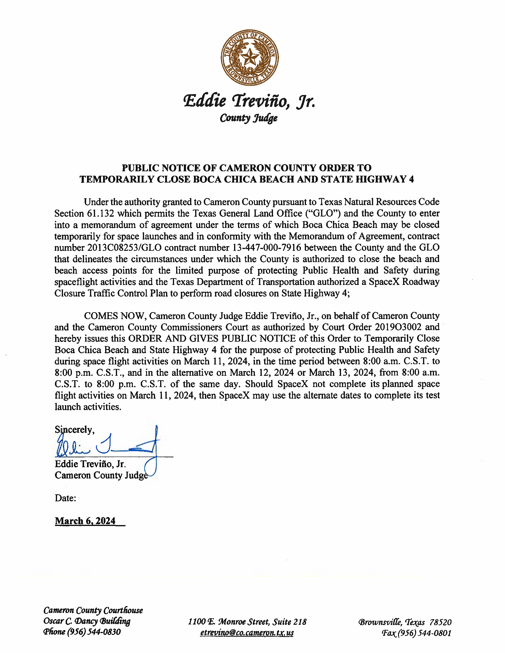 PUBLIC NOTICE OF CAMERON COUNTY ORDER TO TEMP. BEACH CLOSURE AND HWY.03.11.2024