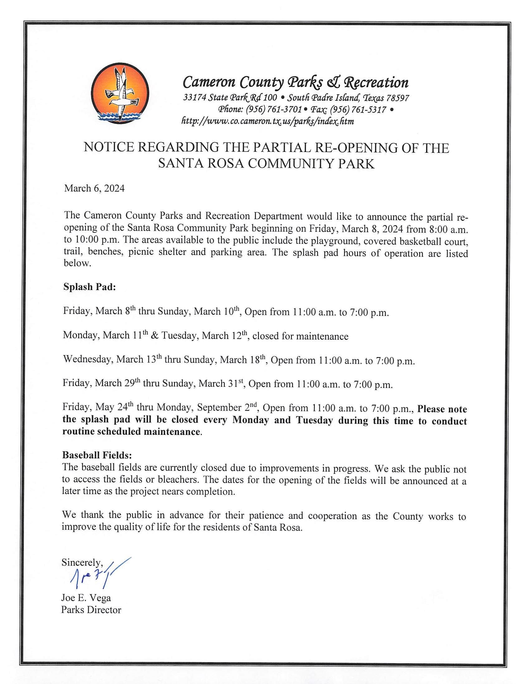 Santa Rosa Community Park Announcement Of Partial Reopening Of Park Final 3 6 24 002