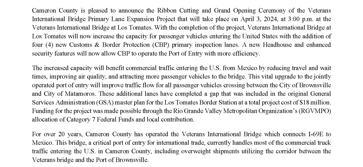 04.02.2024 Press Release - Ribbon Cutting - Veterans International Bridge Expansion Project