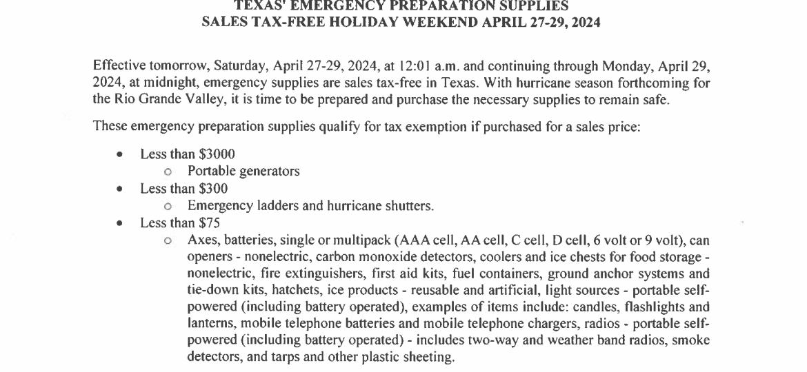 04.26.2024 - Texas Emergency Preparation Supplies Sales Tax-Free Holiday Weekend
