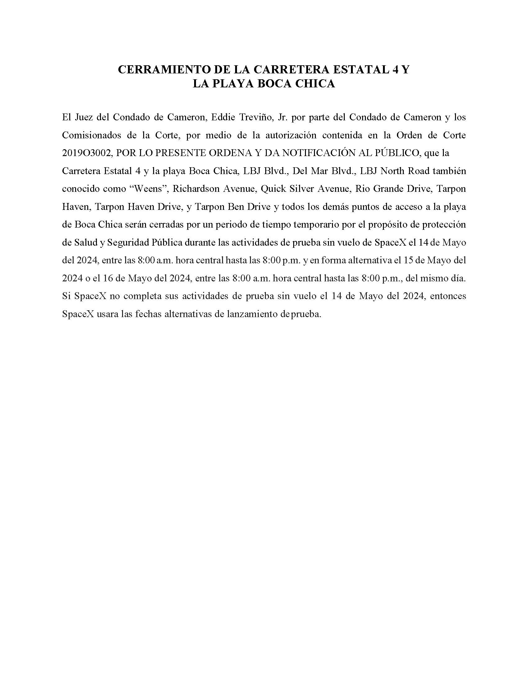 ORDER.CLOSURE OF HIGHWAY 4 Y LA PLAYA BOCA CHICA.SPANISH.05.14.2024
