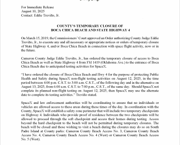 Press Release on Order of Closure Related to SpaceX Flight.08.12.2025