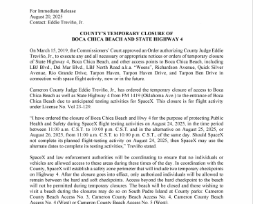 Press Release on Order of Closure Related to SpaceX Flight.08.24.2025