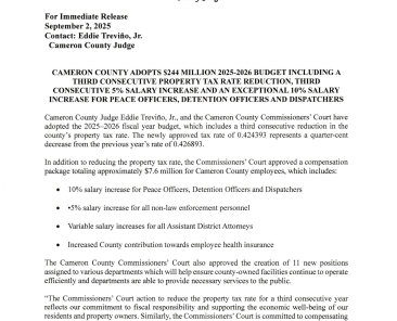 2025.09.02 - Press Release - Cameron County Commissioners' Court Approved Fiscal Year 2025-2026 Budget - English Version_Page_1