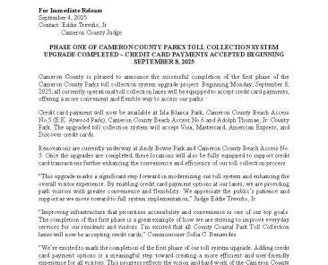 2025.09.04 - Press Release - Cameron County Parks Toll Collection System - Accepting Credit Cards