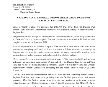9.18.2025 - Press Release - Laureles Regional Park $750000 Grant Award (002)