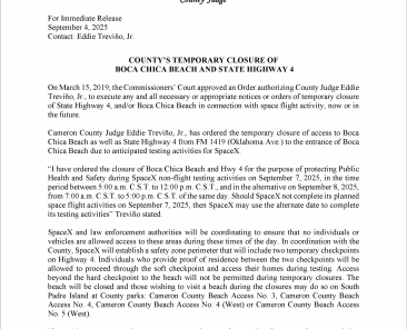 Press Release on Order of Closure Related to SpaceX Flight.09.07.2025