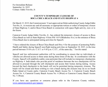 Press Release on Order of Closure Related to SpaceX Flight.09.18.2025