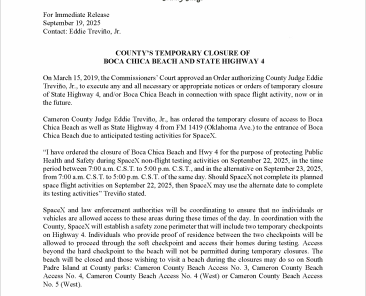 Press Release on Order of Closure Related to SpaceX Flight.09.22.2025