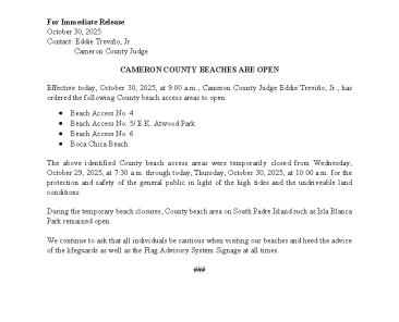 Press Release - Reopening of County Beach Access Areas 10-30-25 (002)