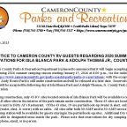 NOTICE TO CAMERON COUNTY RV GUESTS REGARDING 2026 SUMMER RESERVATIONS FOR ISLA BLANCA PARK & ADOLPH THOMAE JR., COUNTY PARK
